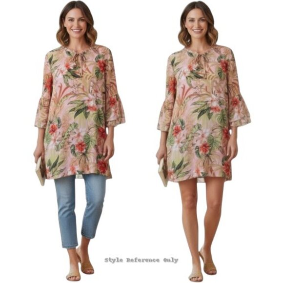 J.Jill Seashell Paradise Found Floral Tunic Top Dress Size 2X Bell Sleeve Pink - Picture 1 of 16